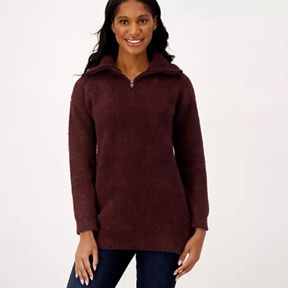 Barefoot Dreams CozyChic Half Zip Tunic in Deep Plum - sz XL
